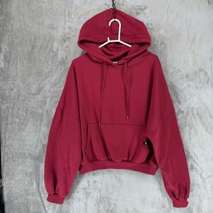 POPFLEX Womens Maroon Red Oversized Cropped Fleece Hoodie Sweatshirt SM